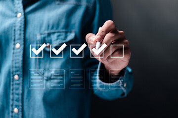 Survey form concept. Questionnaire with checkboxes, filling survey form online, answer questions of...
