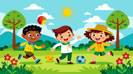 Obraz na płótnie Canvas Vector illustration drawing of cheerful children playing on the picnic area.