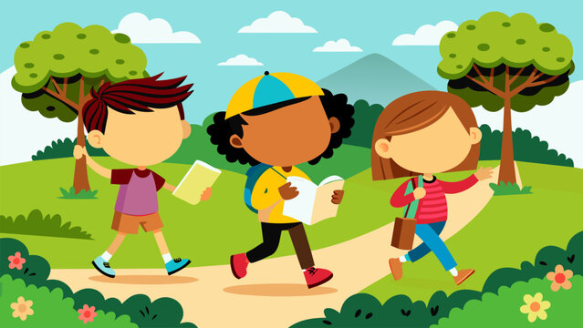 Vector illustration drawing of cheerful children playing on the picnic area.