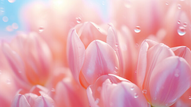 Beautiful close-up pink Tulip Flower petals Sparkling dew drops on bright background illuminated by morning rays natural lighting golden light created with Generative AI Technology 