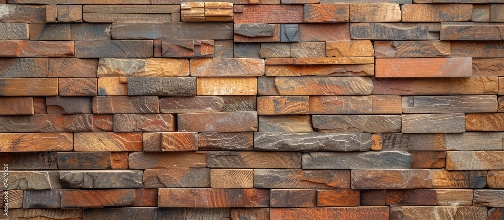 Aufkleber a detailed view of a wall constructed entirely of wooden blocks. each block is distinct, showcasing 