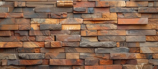 A detailed view of a wall constructed entirely of wooden blocks. Each block is distinct, showcasing the natural texture and grain of the wood. The arrangement creates a visually striking pattern.
