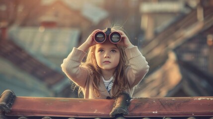 Cute girl of school age on building roof looking in binoculars
