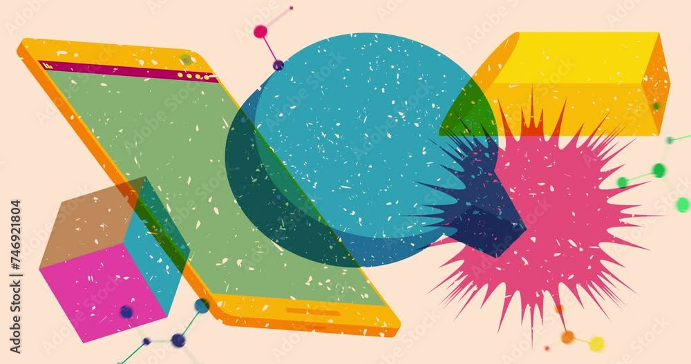 Poster risograph smart phone and speech bubble with geometric shapes animation. moving object in trendy ris