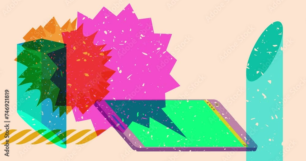 Poster risograph smart phone and speech bubble with geometric shapes animation. moving object in trendy ris