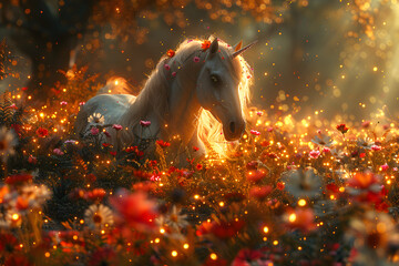 A magical forest with a unicorn surrounded by colorful flowers and sparkling lights.