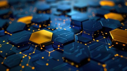 Obraz premium Abstract computer digital digital technology background with three-dimensional blue and yellow hexagon board