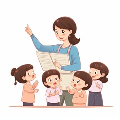 illustration of Asian female teachers guide students with cartoon ha, Generative ai