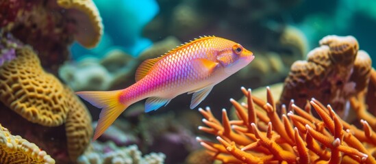 Naklejka na ściany i meble Vibrant underwater world with a fish swimming in a mesmerizing coral reef environment