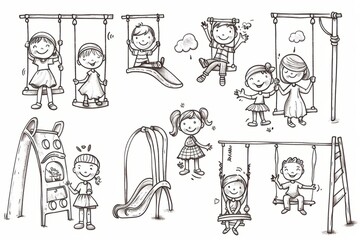 Cartoon cute doodles of kindergarten children playing on the swings and slides in the playground, Generative AI