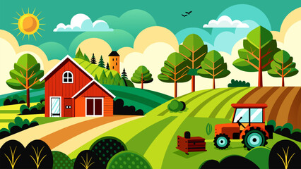 Fototapeta premium Colorful vector illustration drawing of village house and tractor in the field.