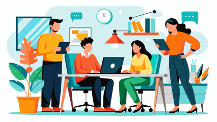 Vector illustration of office staff working together. - obrazy, fototapety, plakaty