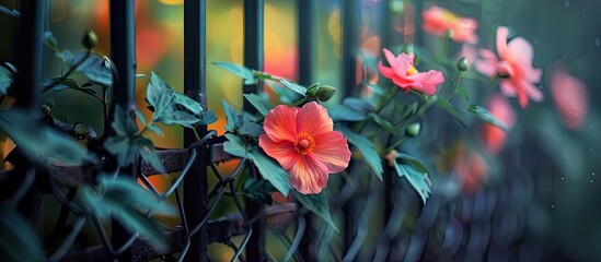 A variety of colorful flowers thriving on a fence, creating a vibrant and lively scene. Each flower adds a touch of beauty to the lush green background.