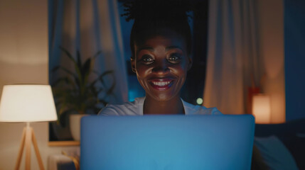 Happy Successful Businesswoman Using Laptop Computer in Creative Agency in the Evening. Black Female Smiling while Browsing Internet, Checking Funny Memes on Social Media Network - obrazy, fototapety, plakaty