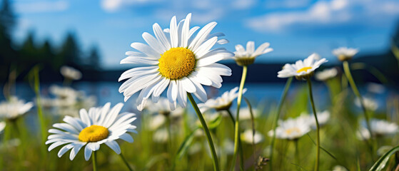 Field of bright blooming white Daisy flowers in a wide green meadow with clear blue sky and sunny weather created with Generative AI Technology 