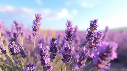 Obraz premium Field of bright blooming purple Lavender flowers in a wide green meadow with clear blue sky and sunny weather 