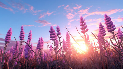 Field of bright blooming purple Lavender flowers in a wide green meadow with clear blue sky and sunny weather created with Generative AI Technology 
