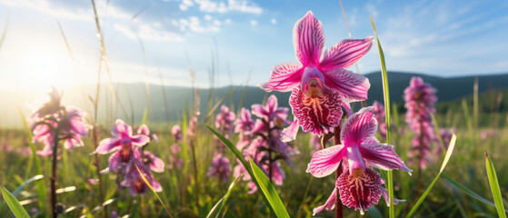 Field of bright blooming purple Orchids flowers in a wide  green meadow with clear blue sky and sunny weather created with Generative AI Technology 