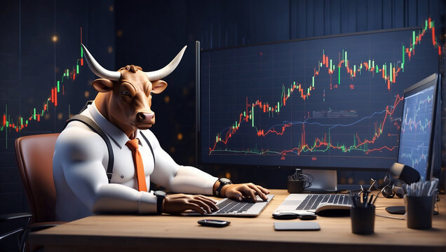 a 3d cartoon Bull trader with computer, Bullist in Stock market and Crypto currency, uptrend stock graph