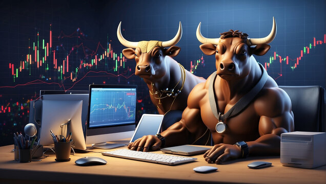 a 3d cartoon Bull trader with computer, Bullist in Stock market and Crypto currency, uptrend stock graph
