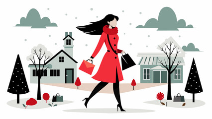 Vector illustration of stylish woman going shopping in winter clothes on a snowy day in winter.