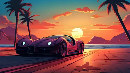 Poster The future car on the beach retro colors style © Darrity