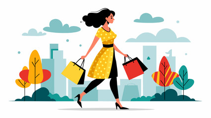 Vector illustration of a woman going shopping in summer.