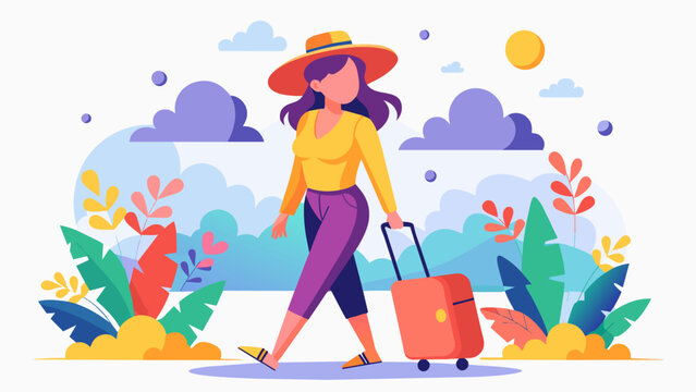 Vector illustration of a woman going on vacation with her luggage in the summer.