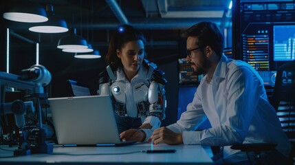 Portrait of Two Happy Female and Male Engineers Using Laptop Computer to Analyze and Discuss How to Proceed with the Artificial Intelligence Software. Casually Chatting in High Tech Research Office