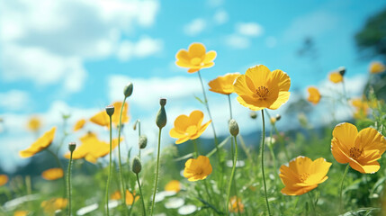 Fototapeta premium Field of bright blooming yellow Ranunculus buttercups flowers in a wide green meadow with clear blue sky and sunny weather