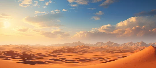 Selbstklebende Fototapeten A scorching hot desert sun illuminates the endless sands of an exotic country, with towering mountains and clouds in the background. The barren landscape is dotted with cacti and rocky outcroppings © AkuAku