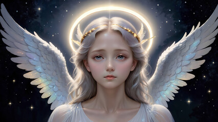 angel halo girl under moonlight - obrazy, fototapety, plakaty