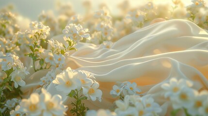 A white dress floats in the air. with petals and flowers floating around This idea smells good. from fabric softener