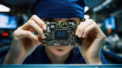 Fotobehang woman in a blue uniform on an assembly line holds and tries to assemble a small PCB electronic board with a sensor on a clean background created with Generative AI Technology © AstraNova