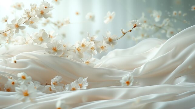 A white dress floats in the air. with petals and flowers floating around This idea smells good. from fabric softener