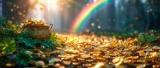 Colorful background featuring a pot of gold coins, clover leaves and rainbow, St. Patrick's Day concept - obrazy, fototapety, plakaty