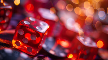 Probability and chance concept. Red dice rolling around. - obrazy, fototapety, plakaty