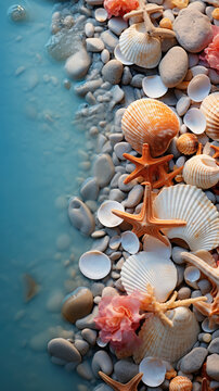 pile of colorful sea shells, small stones and starfish on beach wallpaper created with Generative AI Technology