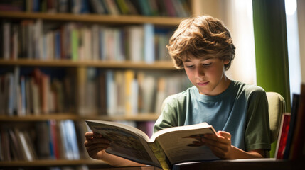 Young high school boy holding book and reading while sitting with bookshelf library background