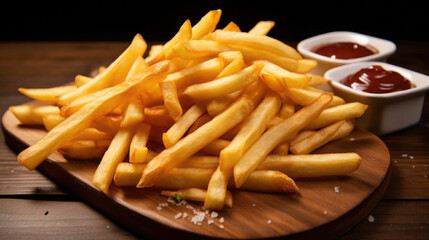 Thick golden french fries on a wooden table with a sprinkling of salt and appetizing sauce on a dark dramatic background