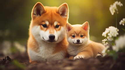 Cute brown Shiba Inu dog and his puppy standing in a green meadow with flowers all around created with Generative AI Technology