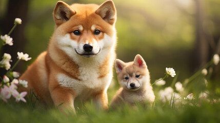 Naklejka na ściany i meble Cute brown Shiba Inu dog and his puppy standing in a green meadow with flowers all around created with Generative AI Technology