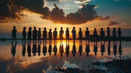 Silhouette back refugee kid group.Responsible.Kid child boy and girl worship.World kids day, Pray and worship, Hope, freedom, Diverse, Faith.World refugee day.Juneteenth kid.Friends.Potential unlock.