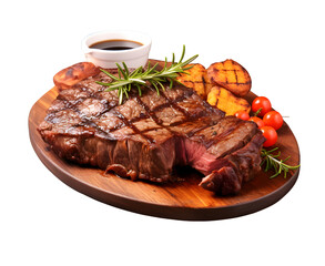 Beef steak served in wooden board, on white and transparent background. Grilled steak, medium rare.