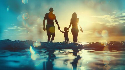 Silhouette family mother, father and young son holding hands, taking a swim in the sea for the first time the children over blurred beautiful - 746926628