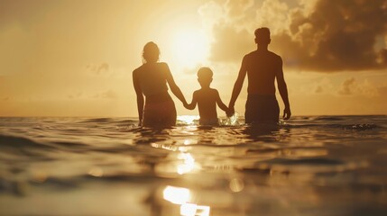 Silhouette family mother, father and young son holding hands, taking a swim in the sea for the first time the children over blurred beautiful - obrazy, fototapety, plakaty