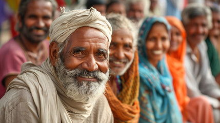 Fototapeta premium Group of happy Indian villagers. Older people in traditional clothing.