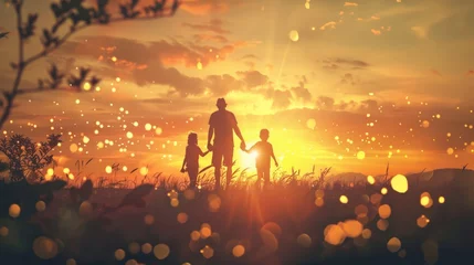Papier Peint photo Coucher de soleil sur la plage Silhouette family mother, father and young son holding hands, taking a swim in the sea for the first time the children over blurred beautiful