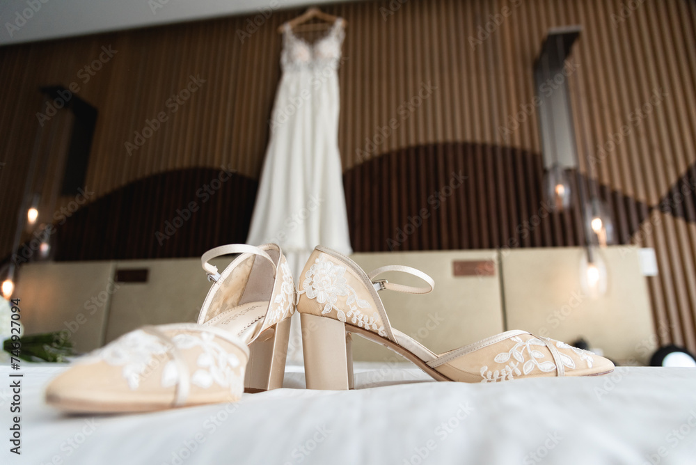 Wall mural Los Cabos, Mexico-2023 Wedding shoes are a very important accessory of the bridal /groom wedding day, that matches with the full outfit dressed, material, style, color and height depends of culture