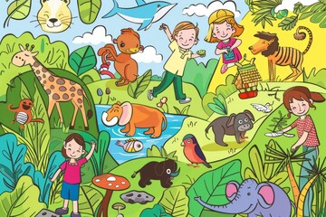 Cartoon cute doodles of kids learning about animals and their habitats through educational games and activities, Generative AI